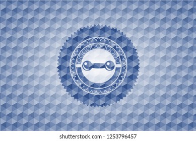 dumbbell icon inside blue emblem with geometric pattern.