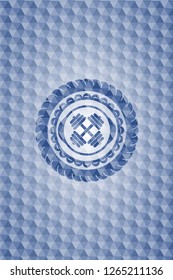 dumbbell icon inside blue emblem with geometric pattern background.