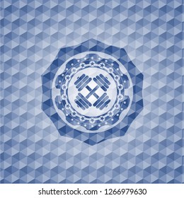 dumbbell icon inside blue emblem or badge with geometric pattern background.