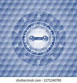 dumbbell icon inside blue emblem with geometric pattern.