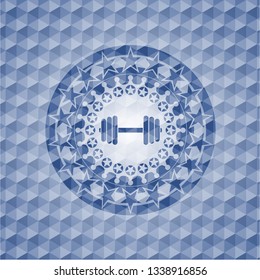 dumbbell icon inside blue emblem with geometric pattern background.