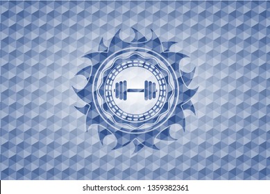 dumbbell icon inside blue emblem with geometric pattern.