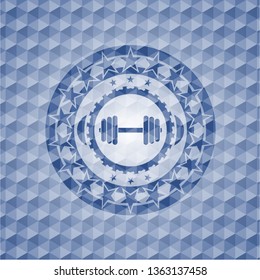 dumbbell icon inside blue emblem with geometric background.