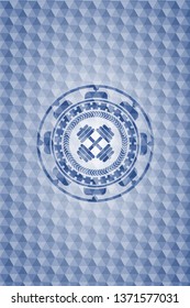 dumbbell icon inside blue emblem with geometric pattern.
