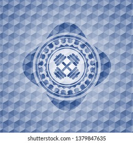dumbbell icon inside blue emblem or badge with geometric pattern background.