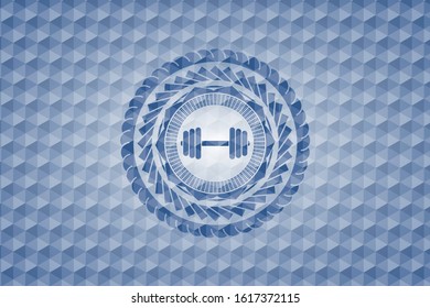 dumbbell icon inside blue emblem with geometric pattern background.