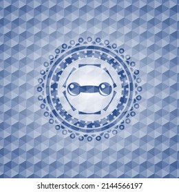dumbbell icon inside blue emblem with geometric pattern. 