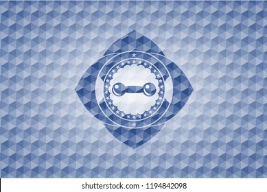 dumbbell icon inside blue hexagon emblem.