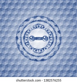 dumbbell icon inside blue hexagon emblem.