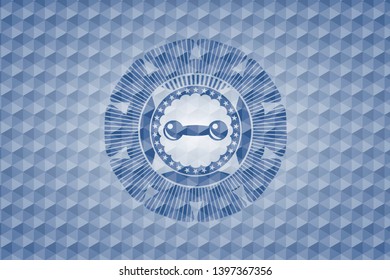 dumbbell icon inside blue hexagon emblem.