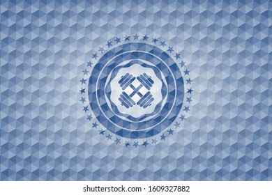 dumbbell icon inside blue hexagon emblem.