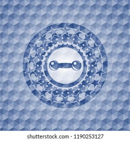 dumbbell icon inside blue polygonal badge.