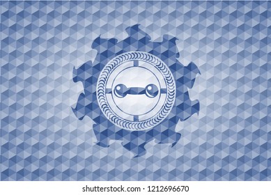 dumbbell icon inside blue polygonal emblem.