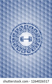 dumbbell icon inside blue polygonal emblem.