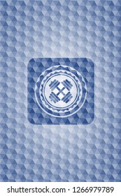 dumbbell icon inside blue polygonal emblem.