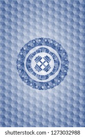 dumbbell icon inside blue polygonal emblem.