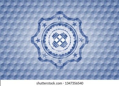 dumbbell icon inside blue polygonal emblem.