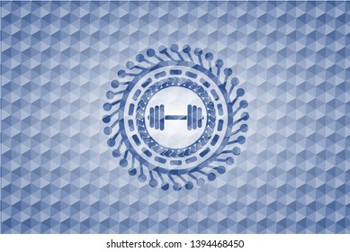 dumbbell icon inside blue polygonal badge.