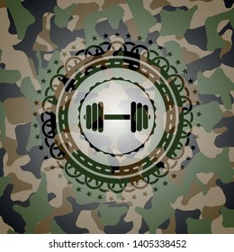 dumbbell icon inside camo emblem