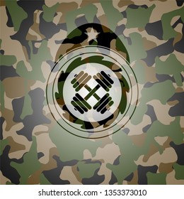 dumbbell icon inside camouflage texture