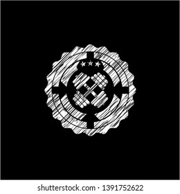 dumbbell icon inside chalk emblem written on a blackboard
