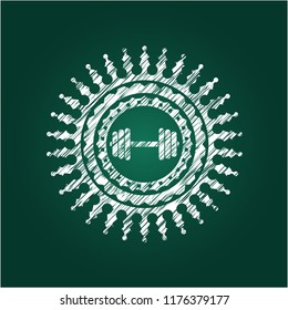 dumbbell icon inside chalkboard emblem