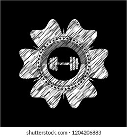 dumbbell icon inside chalkboard emblem