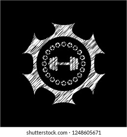 dumbbell icon inside chalkboard emblem