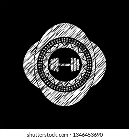 dumbbell icon inside chalkboard emblem