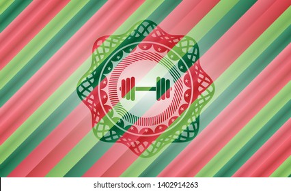 dumbbell icon inside christmas style emblem.