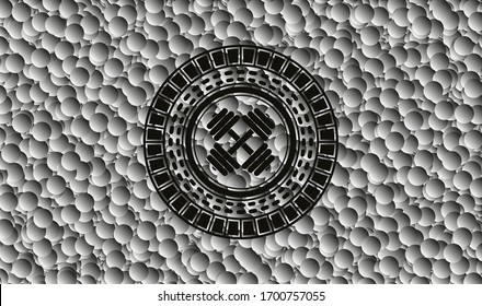 icono de dumbbell en el interior de una placa oscura con fondo de burbujas. Ilustración vectorial. Detallado.