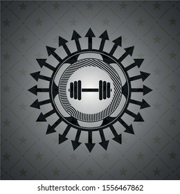 dumbbell icon inside dark emblem. Retro