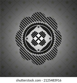 dumbbell icon inside dark emblem. Retro. 