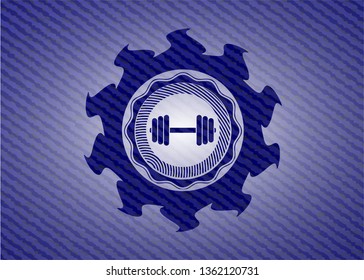 dumbbell icon inside emblem with denim texture
