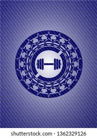 dumbbell icon inside emblem with jean high quality background