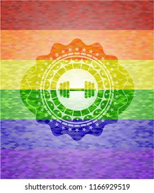 dumbbell icon inside emblem on mosaic background with the colors of the LGBT flag