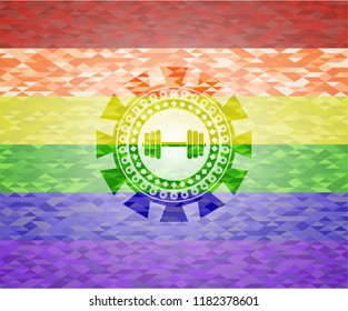 dumbbell icon inside emblem on mosaic background with the colors of the LGBT flag