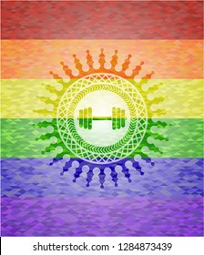 dumbbell icon inside emblem on mosaic background with the colors of the LGBT flag