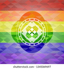 dumbbell icon inside emblem on mosaic background with the colors of the LGBT flag