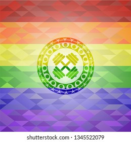 dumbbell icon inside emblem on mosaic background with the colors of the LGBT flag