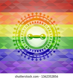 dumbbell icon inside emblem on mosaic background with the colors of the LGBT flag