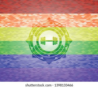dumbbell icon inside emblem on mosaic background with the colors of the LGBT flag