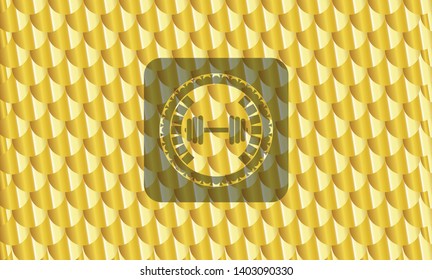 dumbbell icon inside gold badge. Scales pattern. Vector Illustration. Detailed.