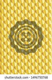 dumbbell icon inside gold badge or emblem. Scales pattern. Vector Illustration. Detailed.