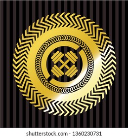 dumbbell icon inside gold emblem or badge