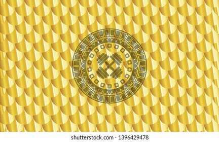 dumbbell icon inside gold emblem or badge. Scales pattern. Vector Illustration. Detailed.