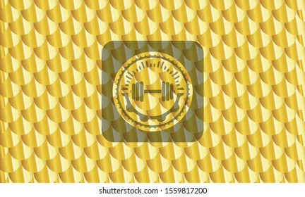 dumbbell icon inside gold emblem or badge. Scales pattern. Vector Illustration. Detailed.