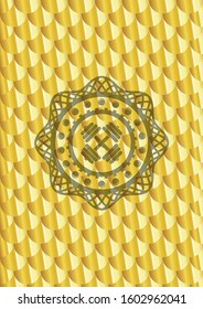 dumbbell icon inside gold emblem or badge. Scales pattern. Vector Illustration. Detailed.