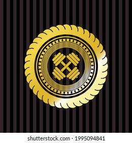 dumbbell icon inside gold emblem or badge. 