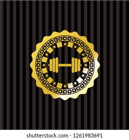 dumbbell icon inside gold shiny badge